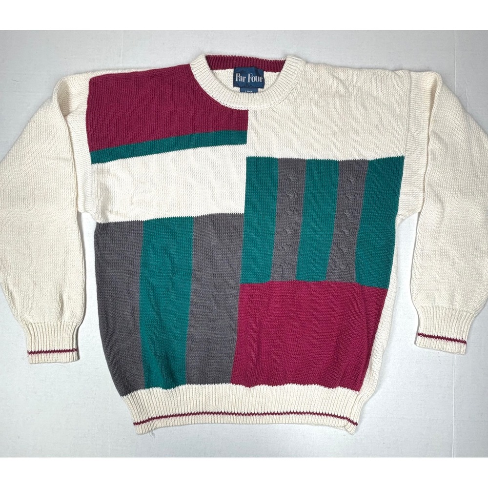VTG 80s Par Four Sweater Mens Large Color Block Knit Pullover Casual Cosby EUC